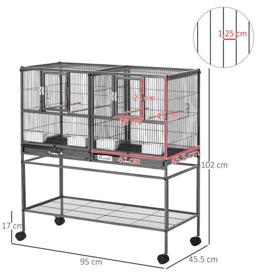 Double cage pour oiseaux en métal de qualité, bacs amovibles, support stable avec 4 roues et étagère, 95x45,5x102 cm, noir gris - Image 5