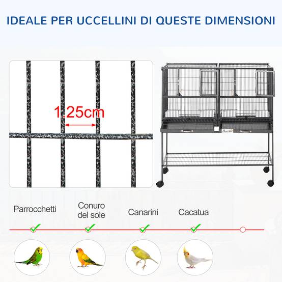 Double cage pour oiseaux en métal de qualité, bacs amovibles, support stable avec 4 roues et étagère, 95x45,5x102 cm, noir gris - Image 7