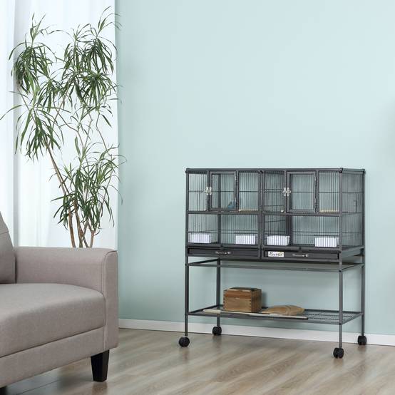 Double cage pour oiseaux en métal de qualité, bacs amovibles, support stable avec 4 roues et étagère, 95x45,5x102 cm, noir gris - Image 4