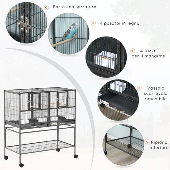 Double cage pour oiseaux en métal de qualité, bacs amovibles, support stable avec 4 roues et étagère, 95x45,5x102 cm, noir gris - Image 6