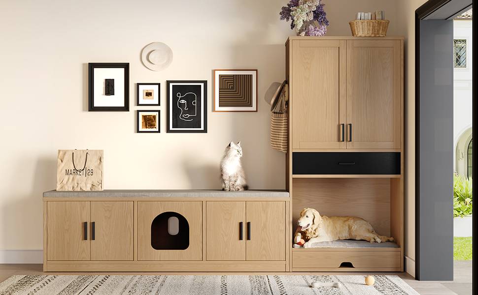 Meuble pour animaux 2 en 1 en bois d'orme, avec panier pour chien, niche pour chat,station de nourriture et rangement – 140 x 40 x 45.5 cm - PANGIVO - Image 4