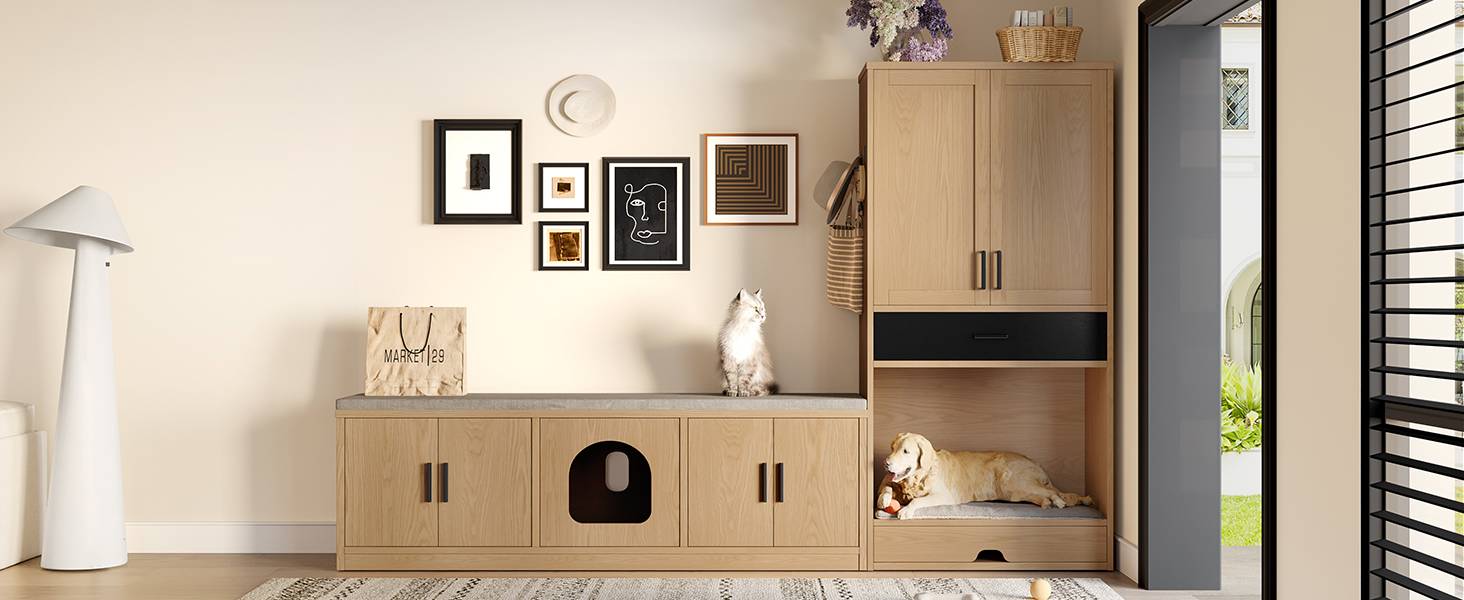 Meuble pour animaux 2 en 1 en bois d'orme, avec panier pour chien, niche pour chat,station de nourriture et rangement – 140 x 40 x 45.5 cm - PANGIVO - Image 3