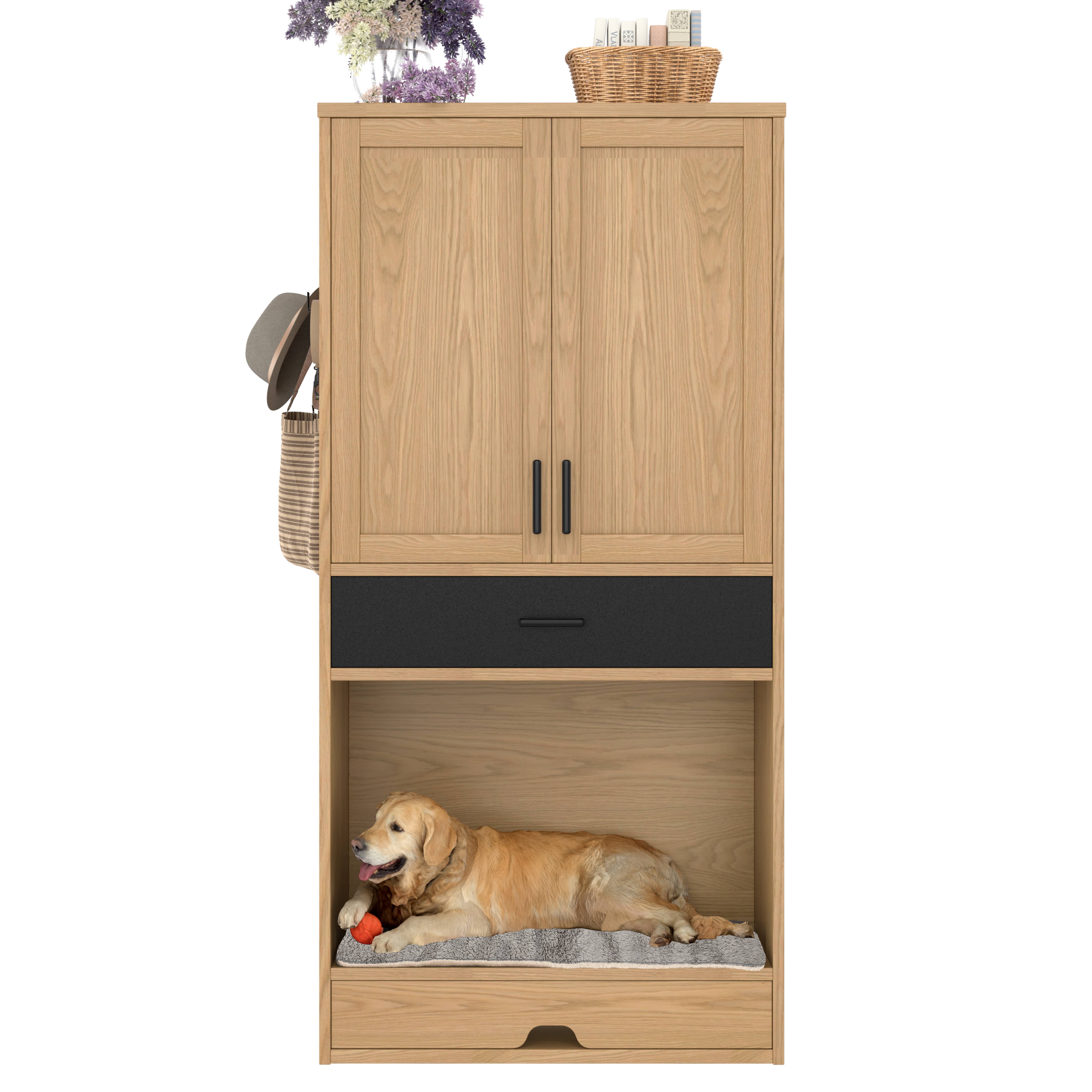 Meuble pour animaux 2 en 1 en bois d'orme, avec panier pour chien, niche pour chat,station de nourriture et rangement – 140 x 40 x 45.5 cm - PANGIVO - Image 6
