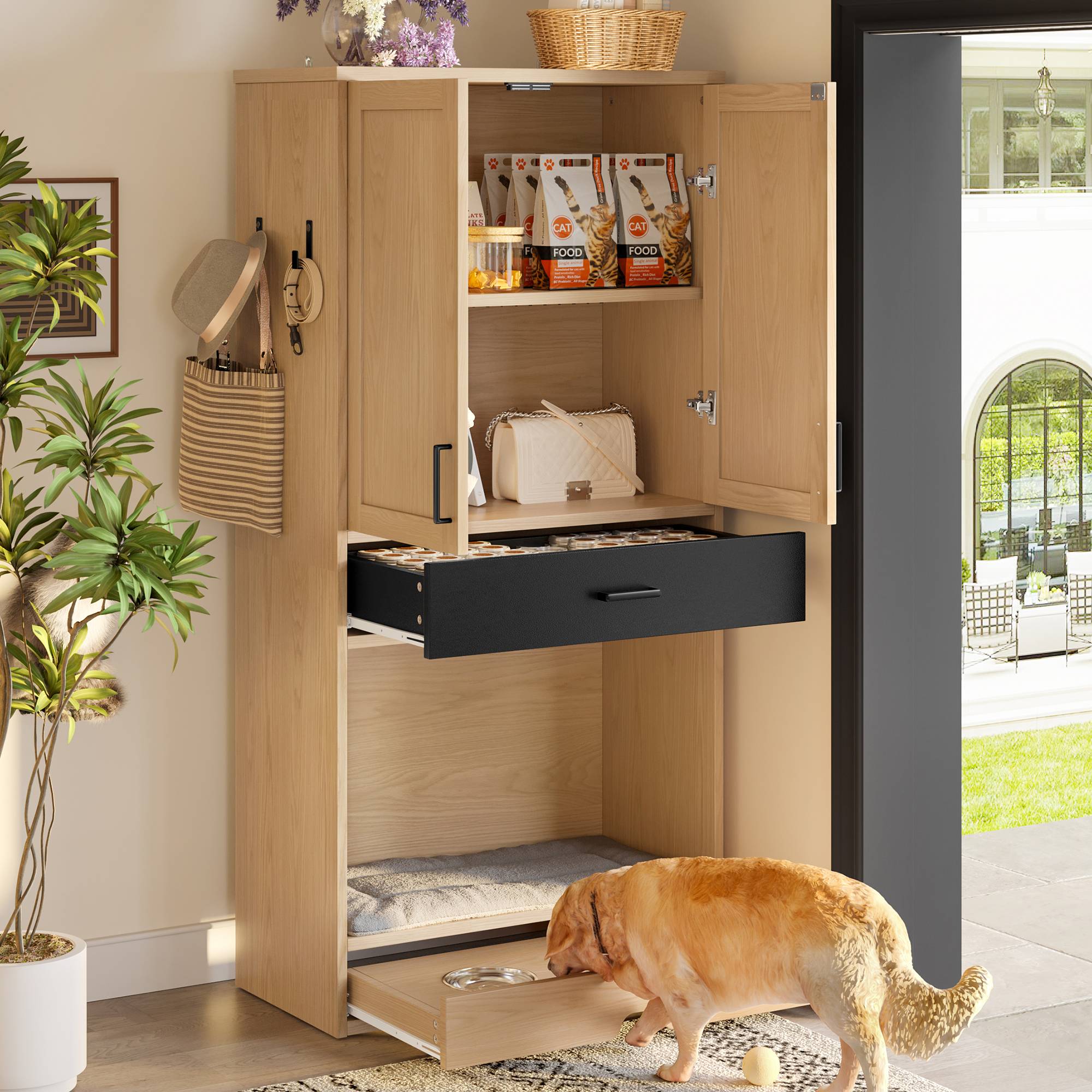 Meuble pour animaux 2 en 1 en bois d'orme, avec panier pour chien, niche pour chat,station de nourriture et rangement – 140 x 40 x 45.5 cm - PANGIVO - Image 5