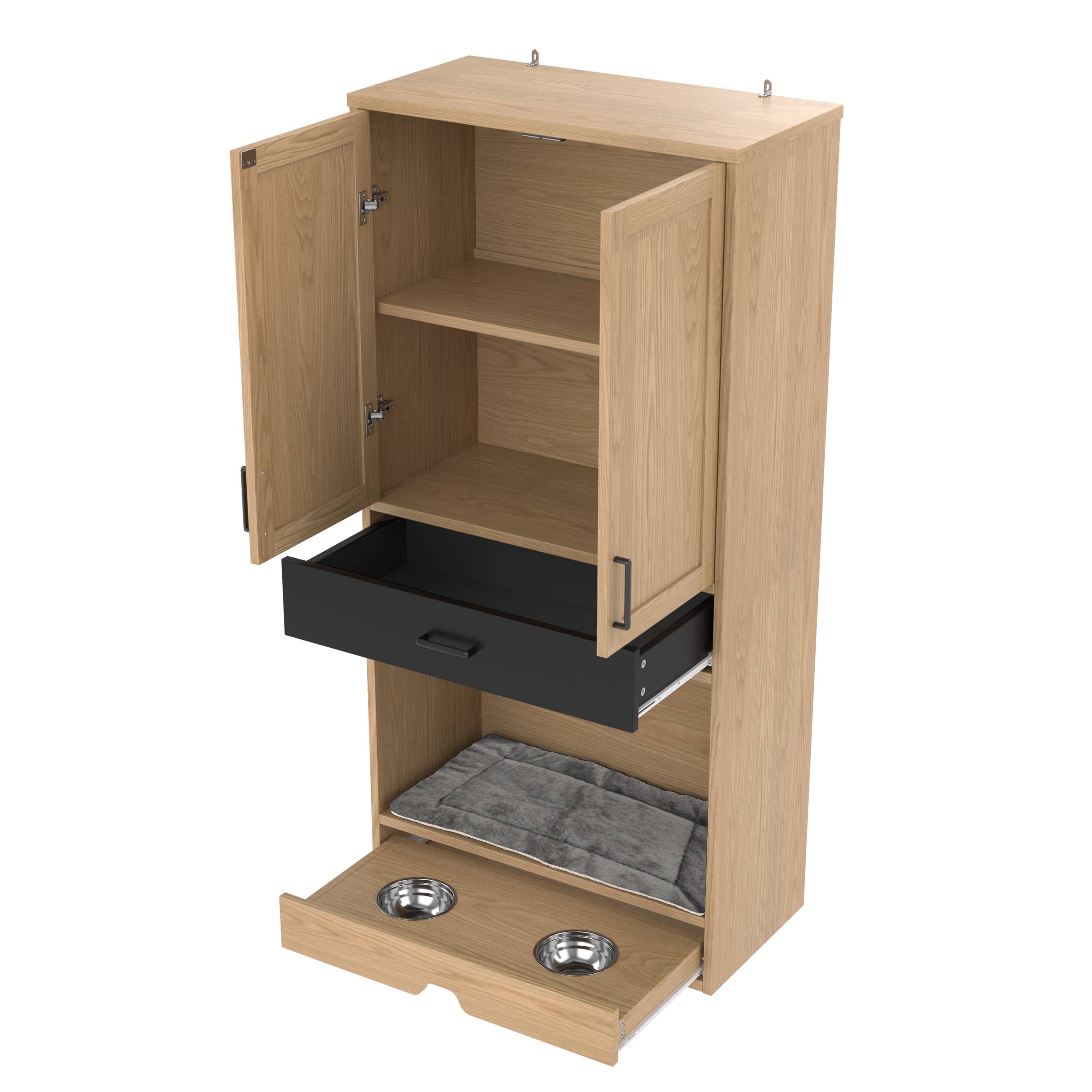 Meuble pour animaux 2 en 1 en bois d'orme, avec panier pour chien, niche pour chat,station de nourriture et rangement – 140 x 40 x 45.5 cm - PANGIVO - Image 7