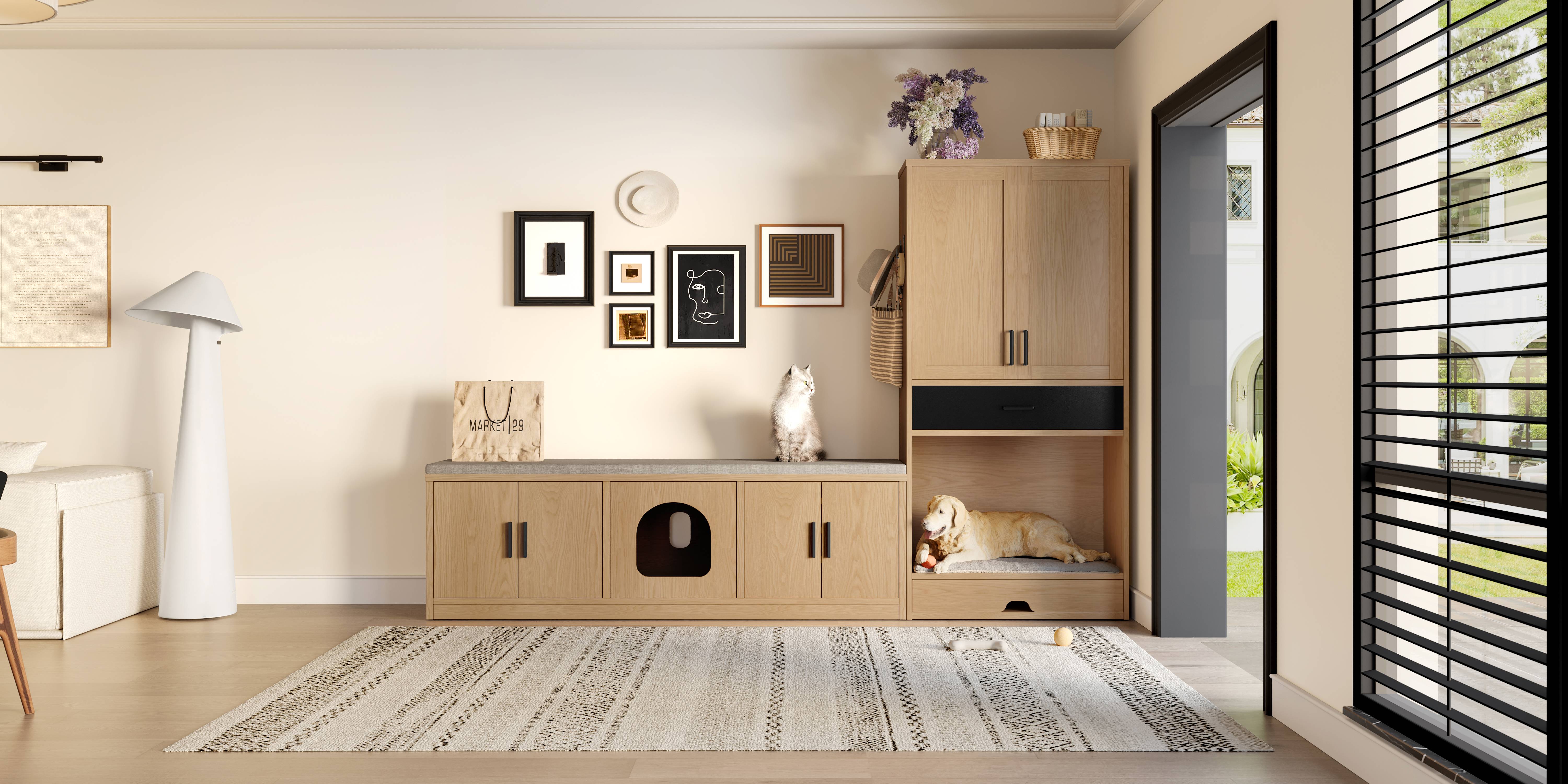 Meuble pour animaux 2 en 1 en bois d'orme, avec panier pour chien, niche pour chat,station de nourriture et rangement – 140 x 40 x 45.5 cm - PANGIVO - Image 2