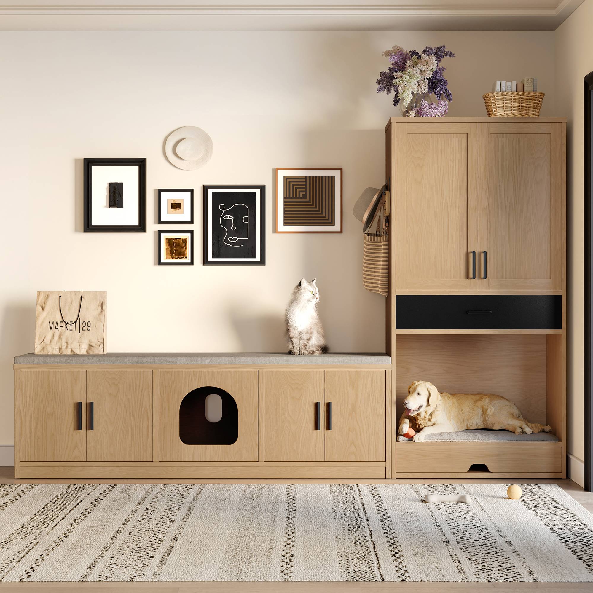 Meuble pour animaux 2 en 1 en bois d'orme, avec panier pour chien, niche pour chat,station de nourriture et rangement – 140 x 40 x 45.5 cm - PANGIVO - Image 1