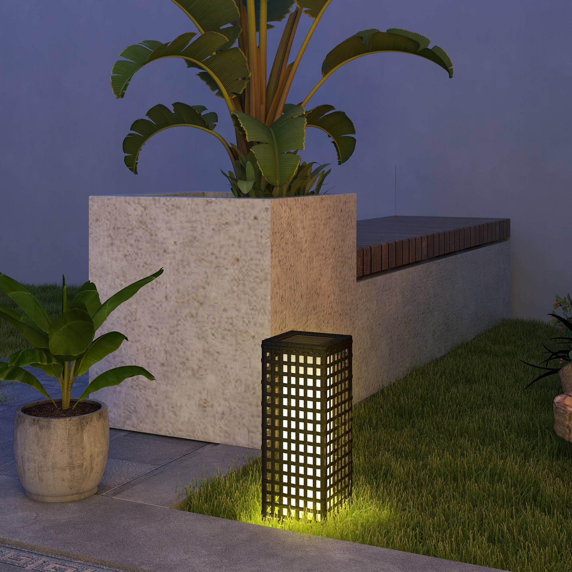 Luminaire extérieur solaire, capteur, 8 h, rotin, acier, 15,5x15,5x46 cm, noir - Image 4