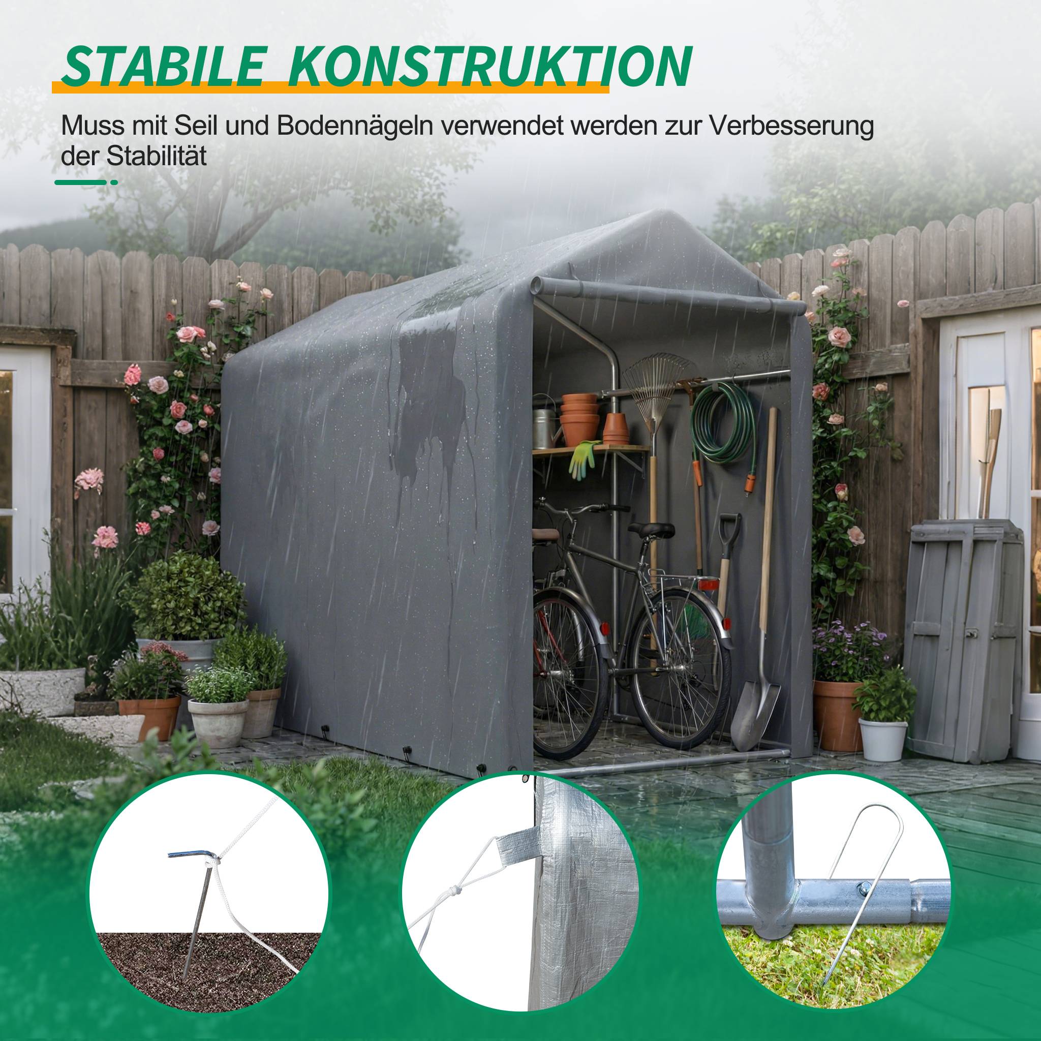 Abri vélo 187x100x160cm cadre acier bâche PE gris foncé étanche, rangement pour vélos et accessoires - Image 6