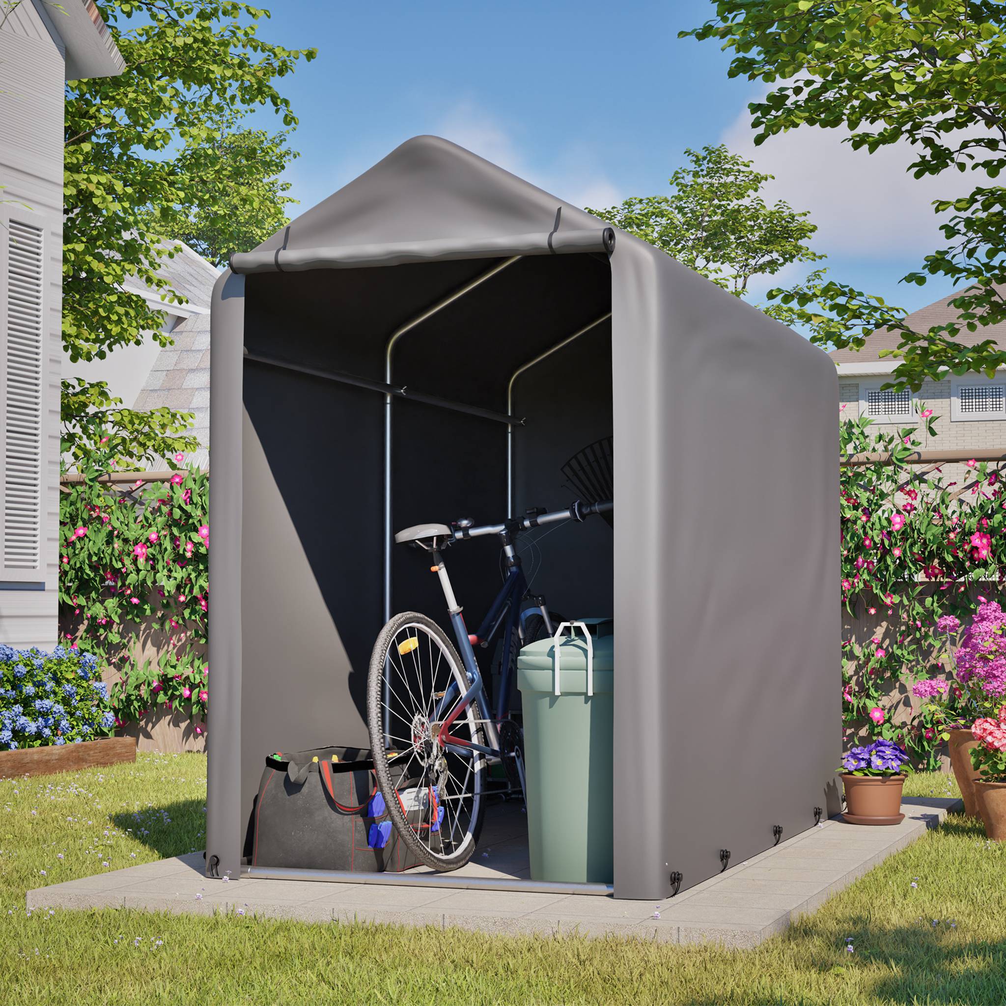 Abri vélo 187x100x160cm cadre acier bâche PE gris foncé étanche, rangement pour vélos et accessoires - Image 7