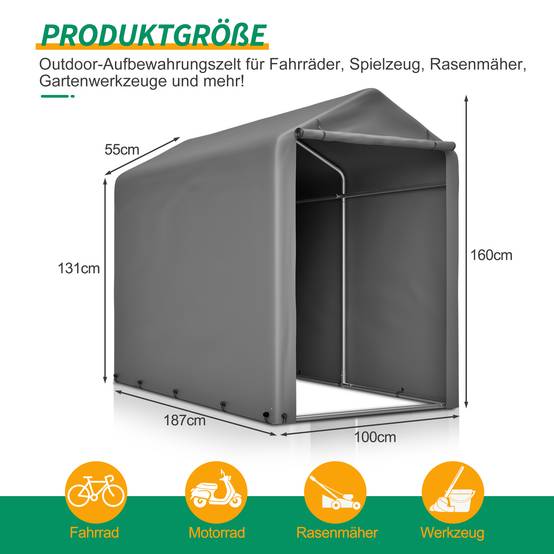 Abri vélo 187x100x160cm cadre acier bâche PE gris foncé étanche, rangement pour vélos et accessoires - Image 2