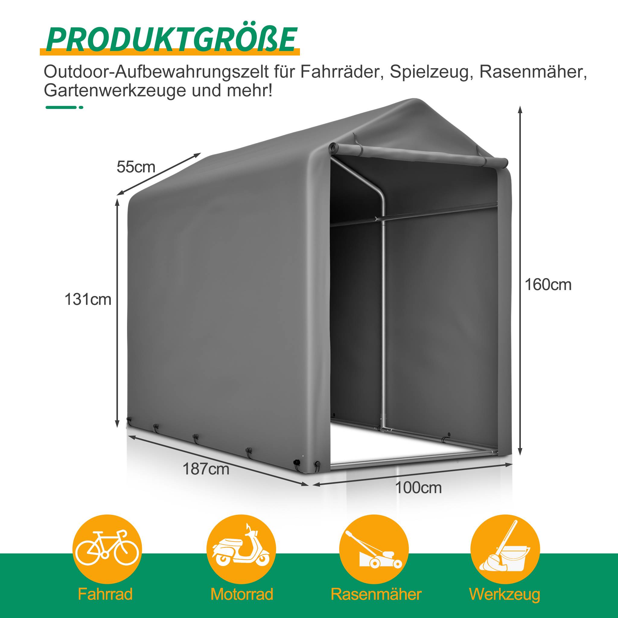 Abri vélo 187x100x160cm cadre acier bâche PE gris foncé étanche, rangement pour vélos et accessoires - Image 2