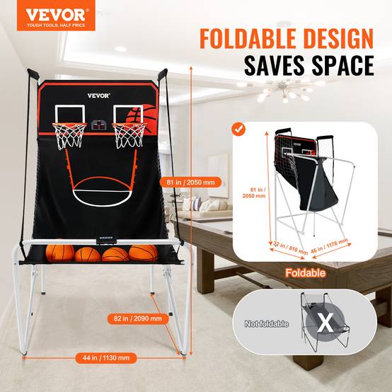 VEVOR Jeu arcade basketball pliable, 2 joueurs, double panier, 4 ballons, 8 modes. Électronique, noir/blanc. - Image 2