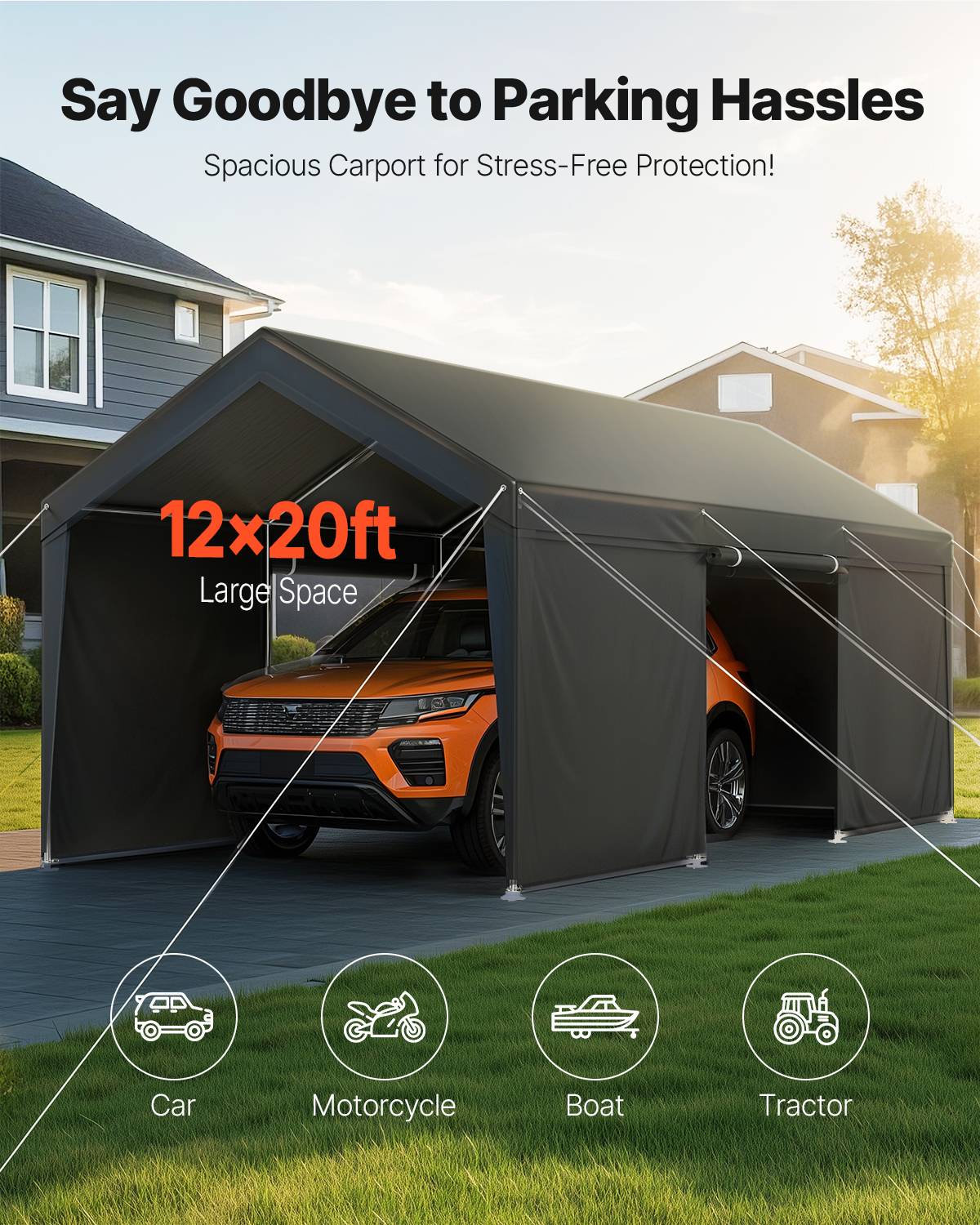 VEVOR Tente garage 3,65x6,09 m, carport, parois latérales amovibles. UV ...