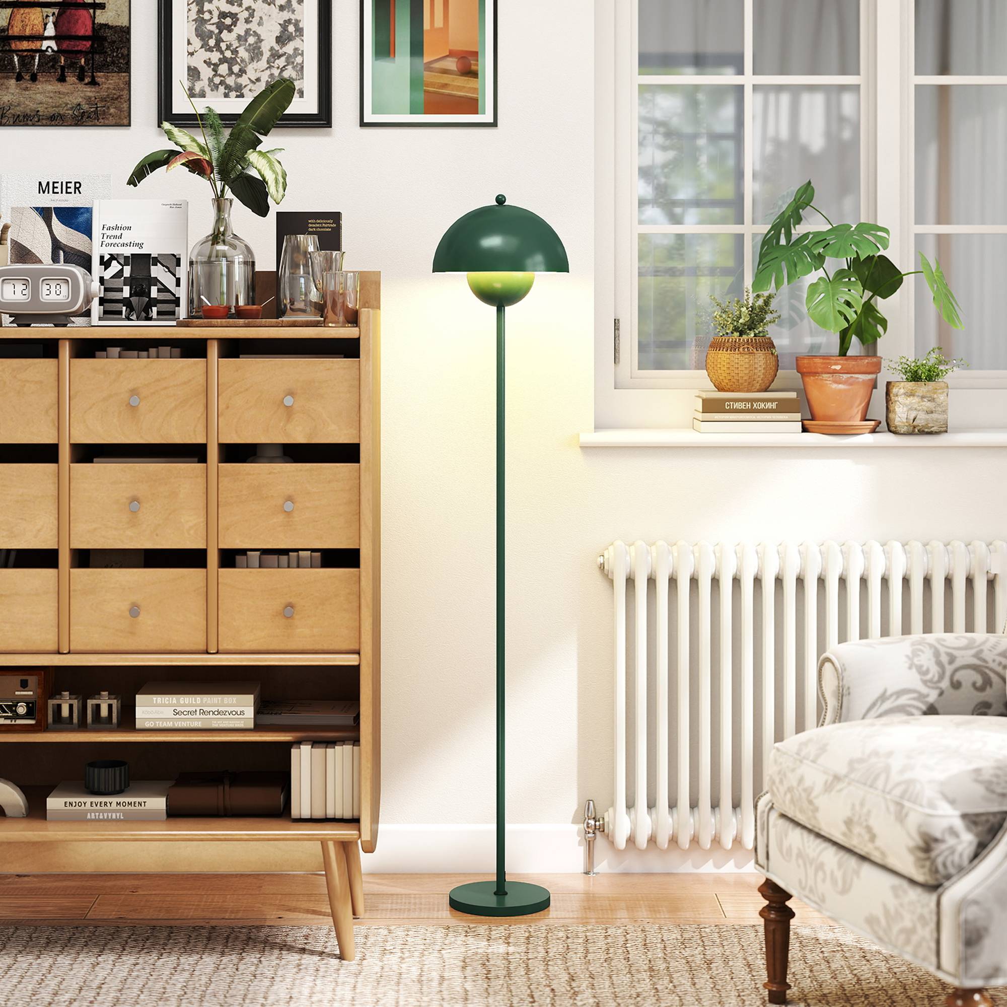 Lampadaire, abat-jour rond, interrupteur au pied, long câble, style élégant, acier, vert - Image 4