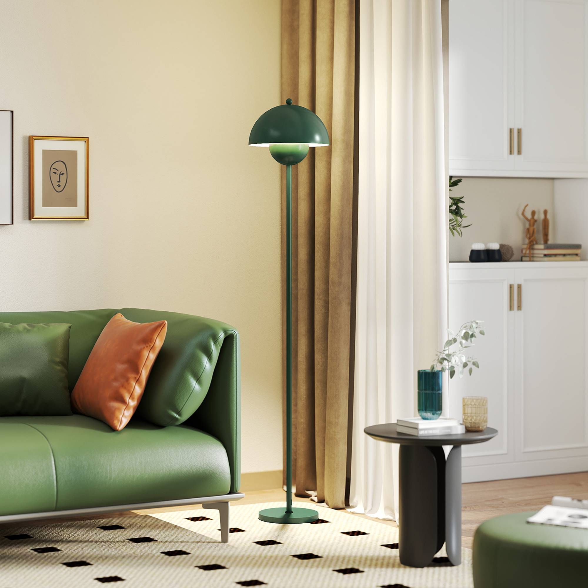 Lampadaire, abat-jour rond, interrupteur au pied, long câble, style élégant, acier, vert - Image 10