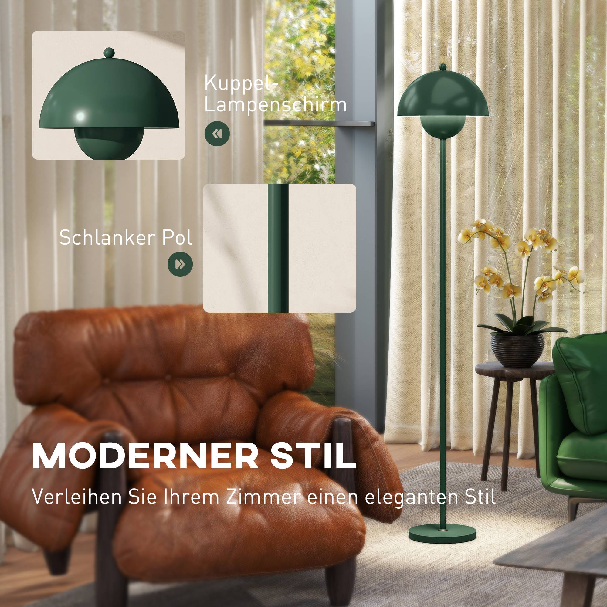 Lampadaire, abat-jour rond, interrupteur au pied, long câble, style élégant, acier, vert - Image 6