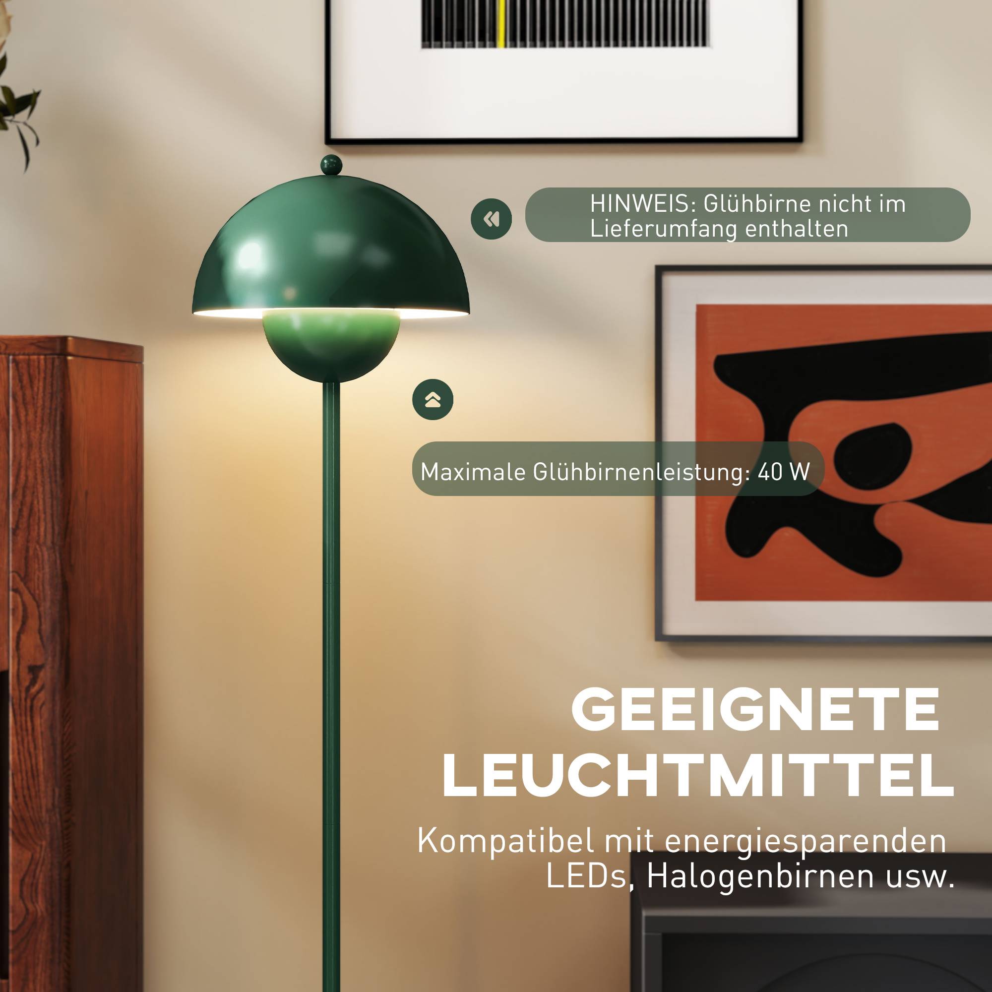 Lampadaire, abat-jour rond, interrupteur au pied, long câble, style élégant, acier, vert - Image 9