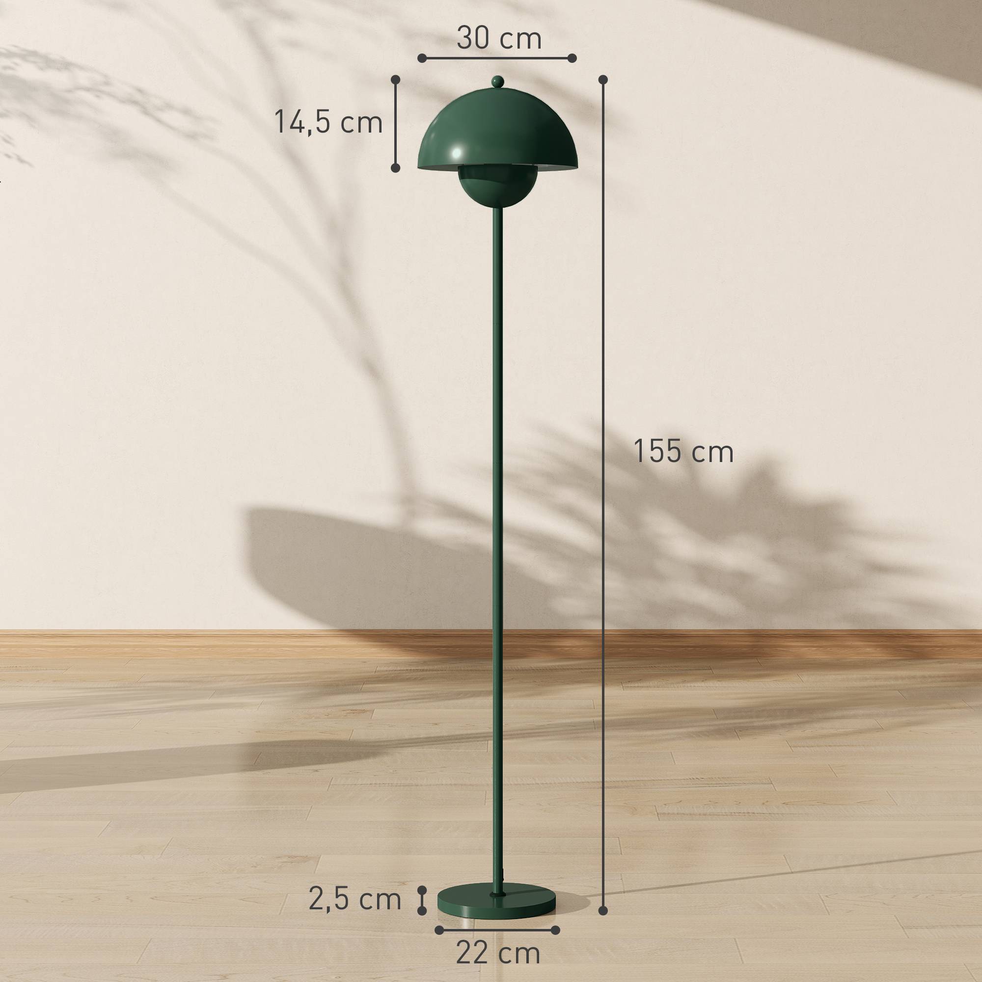 Lampadaire, abat-jour rond, interrupteur au pied, long câble, style élégant, acier, vert - Image 5