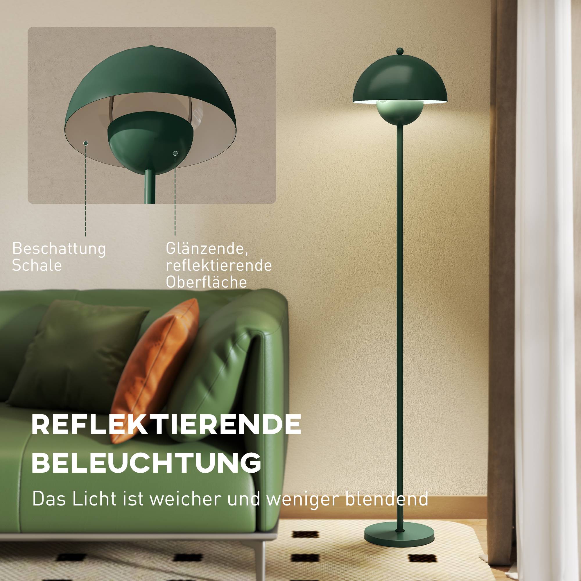 Lampadaire, abat-jour rond, interrupteur au pied, long câble, style élégant, acier, vert - Image 7