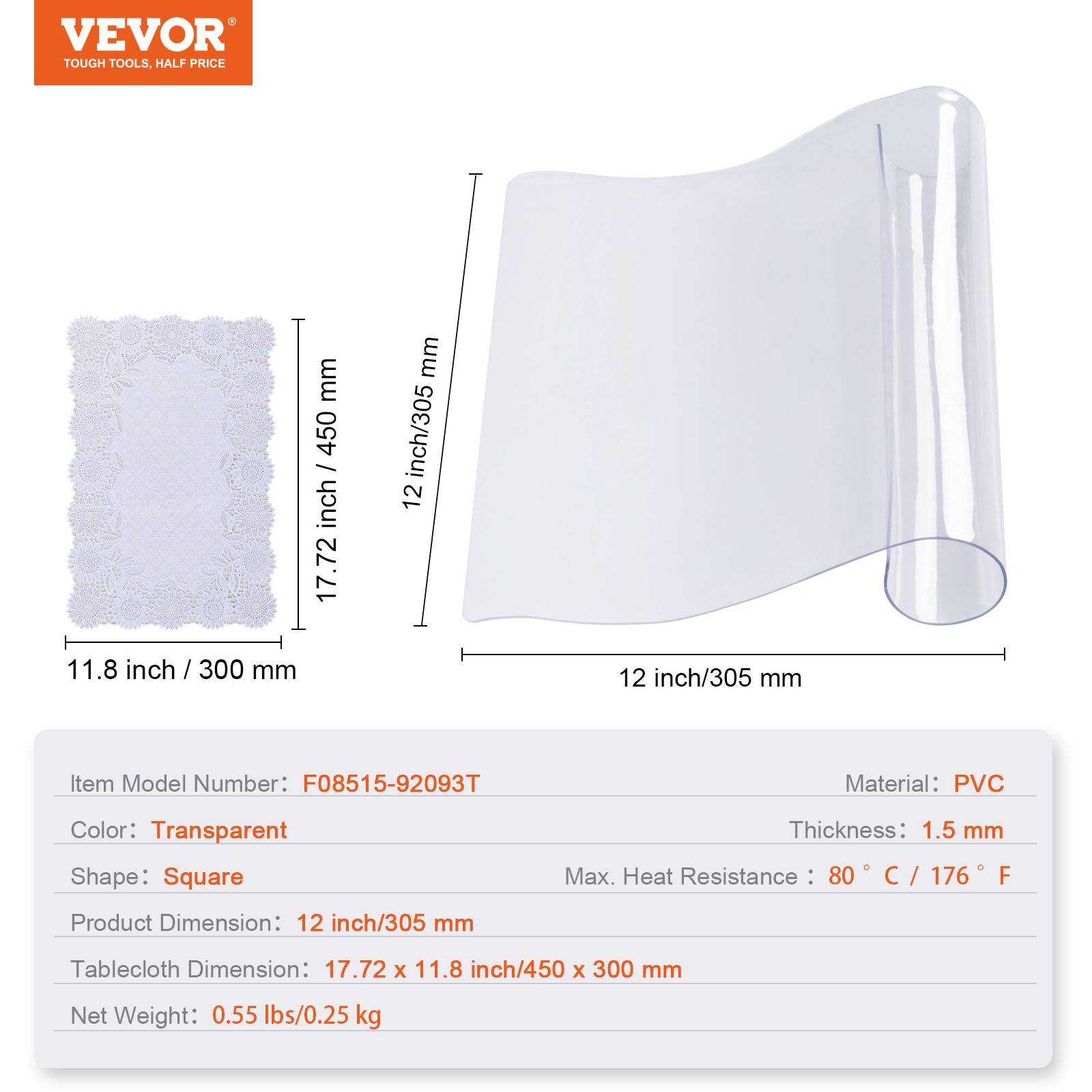 VEVOR Nappe Carrée Transparente Protection de Table en PVC 30,5x30,5x1,5 mm - Image 7