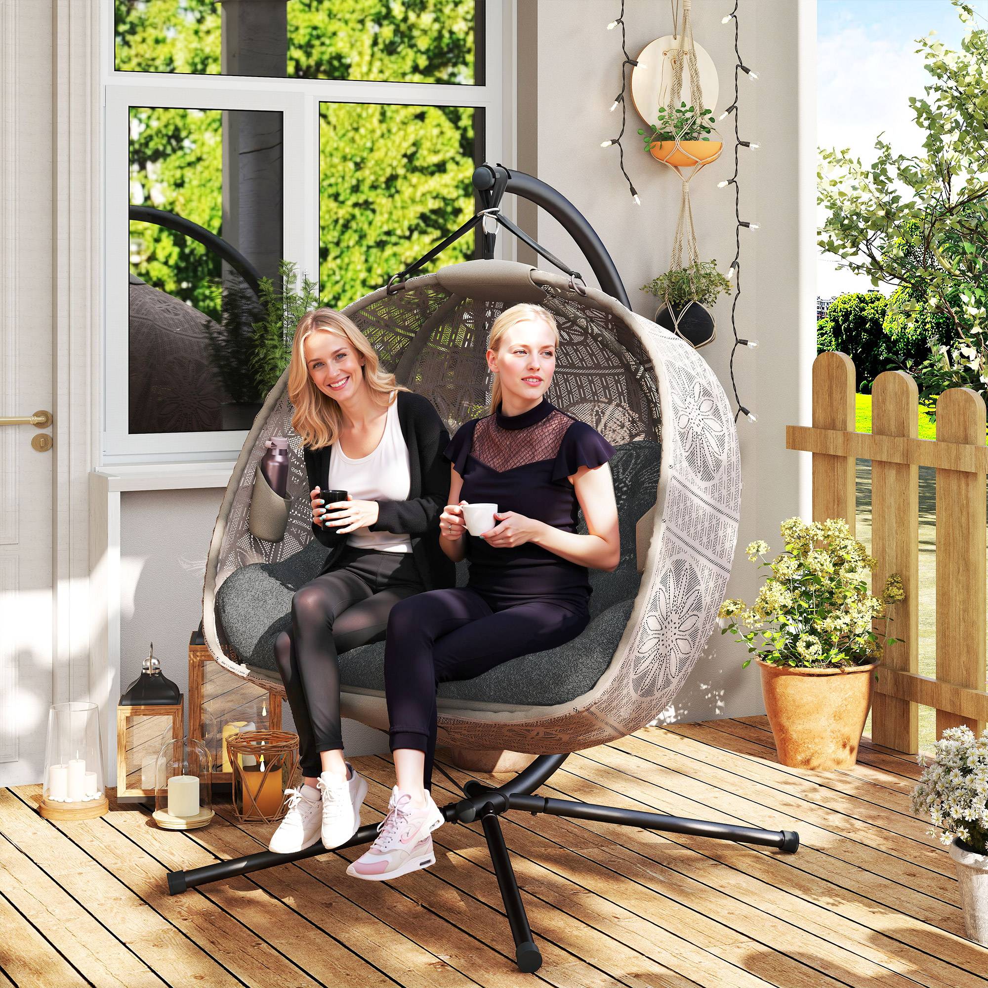 Sans Marque - Fauteuil suspendu avec support, œuf, coussin amovible lavable, 2 places, sable+noir - Image 4
