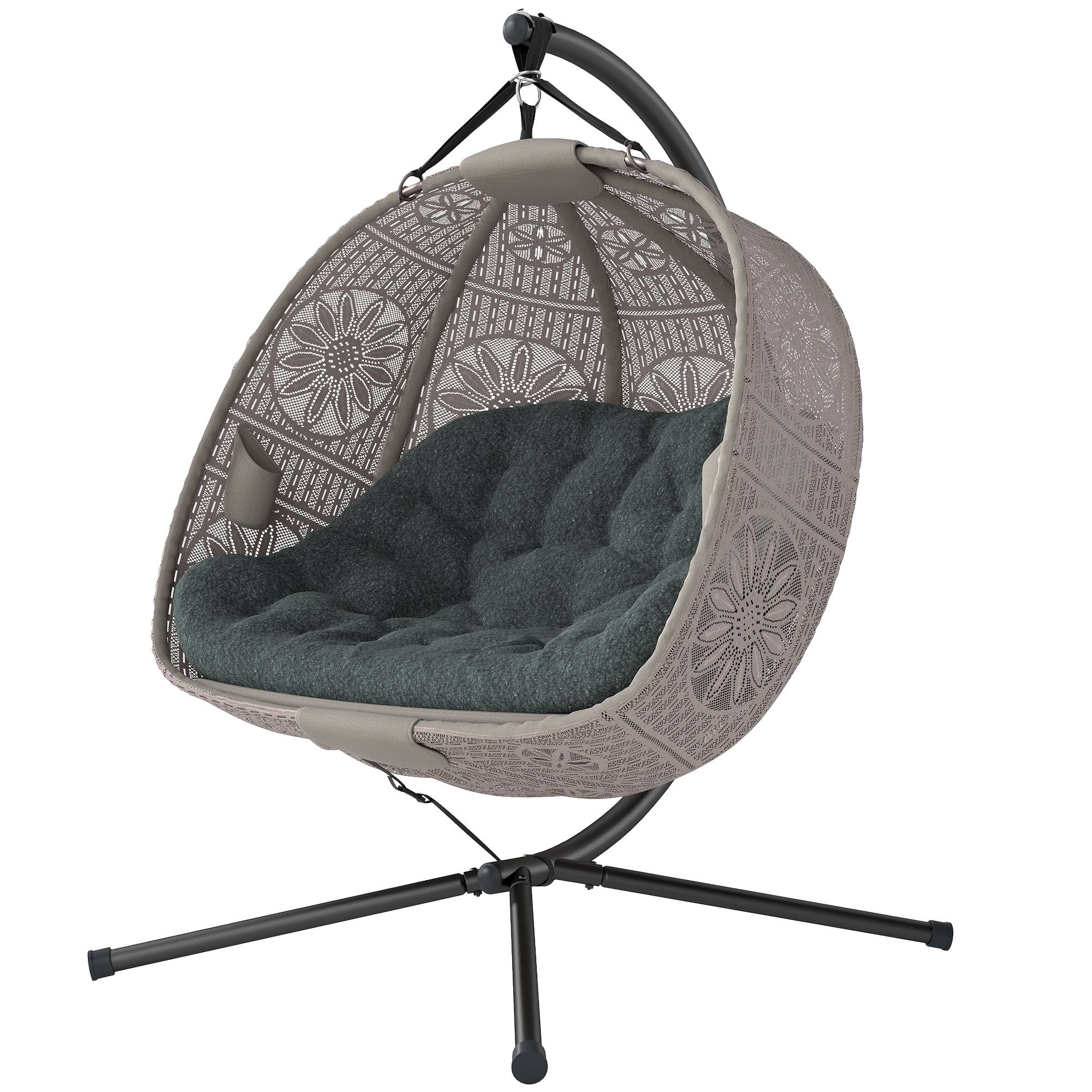Sans Marque - Fauteuil suspendu avec support, œuf, coussin amovible lavable, 2 places, sable+noir - Image 2