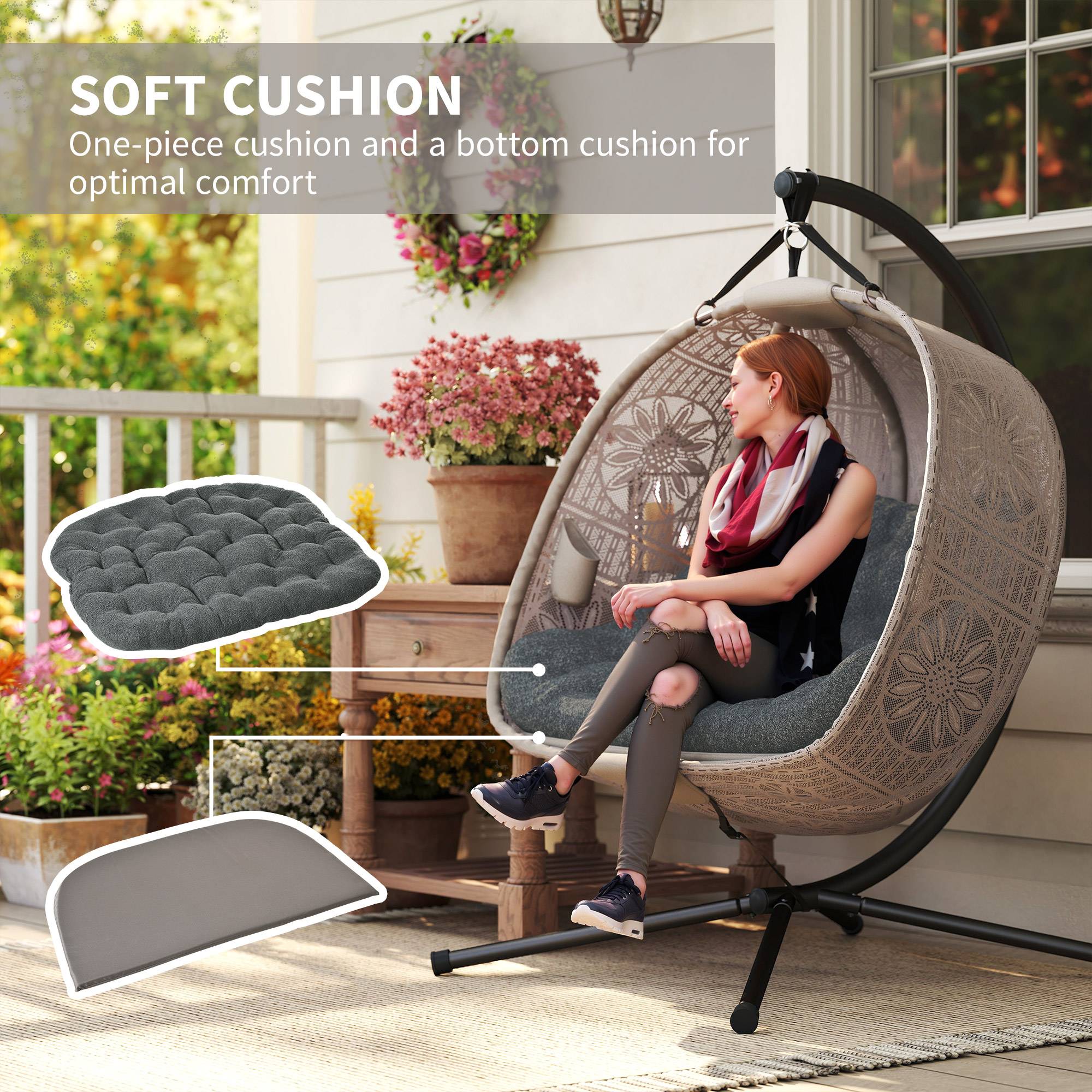 Sans Marque - Fauteuil suspendu avec support, œuf, coussin amovible lavable, 2 places, sable+noir - Image 7
