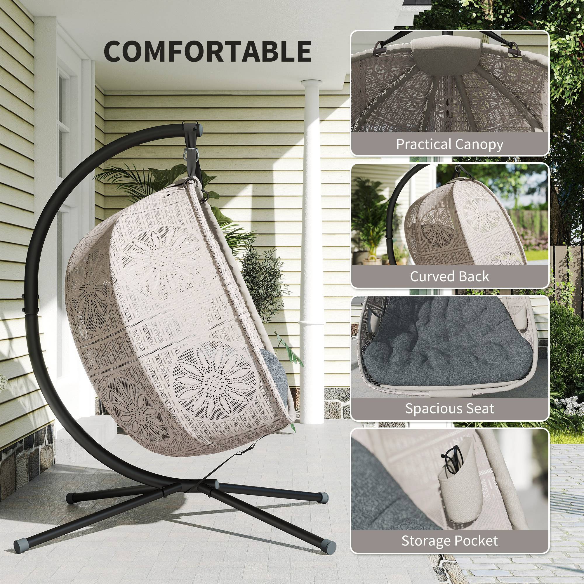 Sans Marque - Fauteuil suspendu avec support, œuf, coussin amovible lavable, 2 places, sable+noir - Image 6