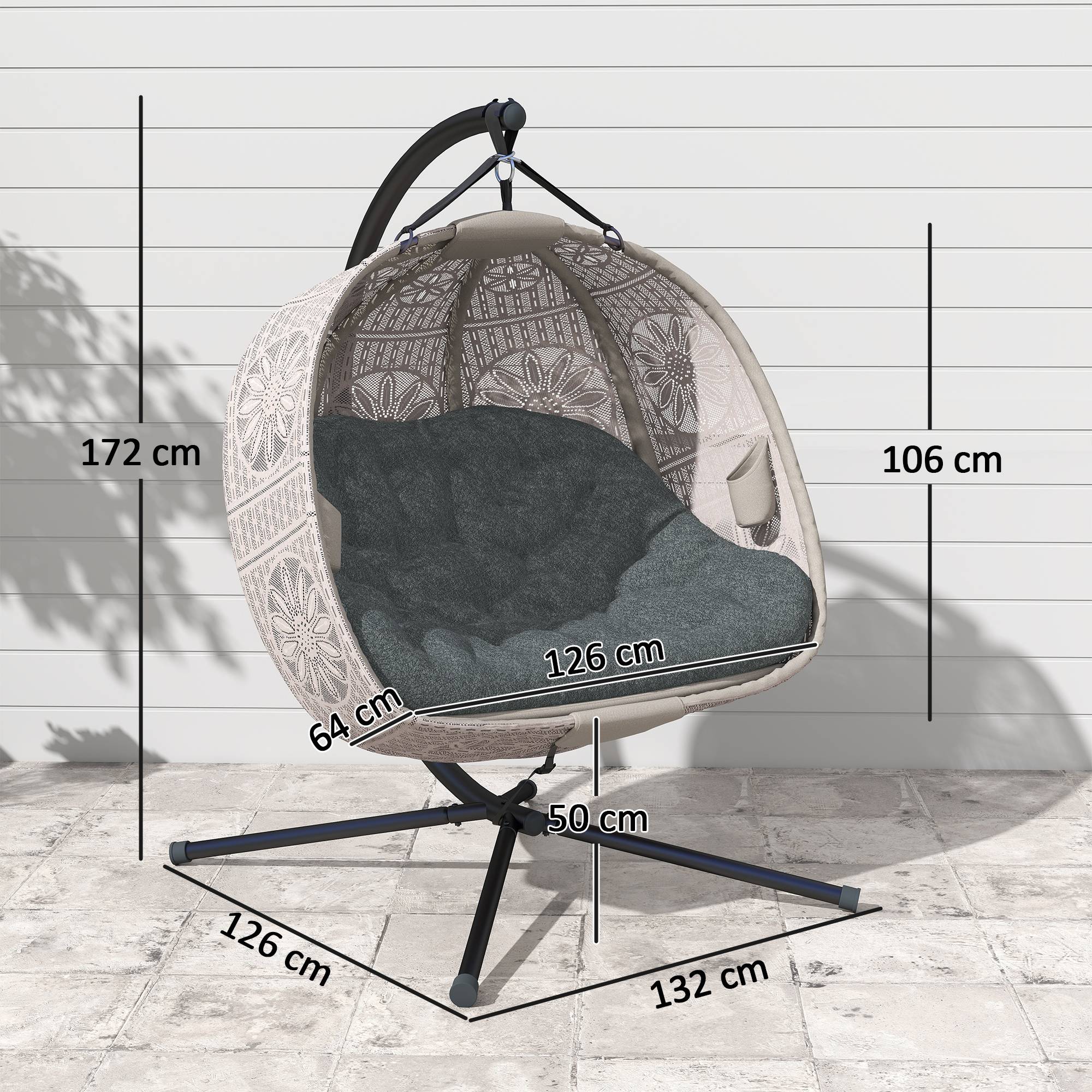 Sans Marque - Fauteuil suspendu avec support, œuf, coussin amovible lavable, 2 places, sable+noir - Image 5