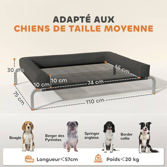 Lit surélevé chien toile Oxford intérieur extérieur rafraîchissant 110x75x30cm noir - ComfortXL Outdoor Living - Image 5