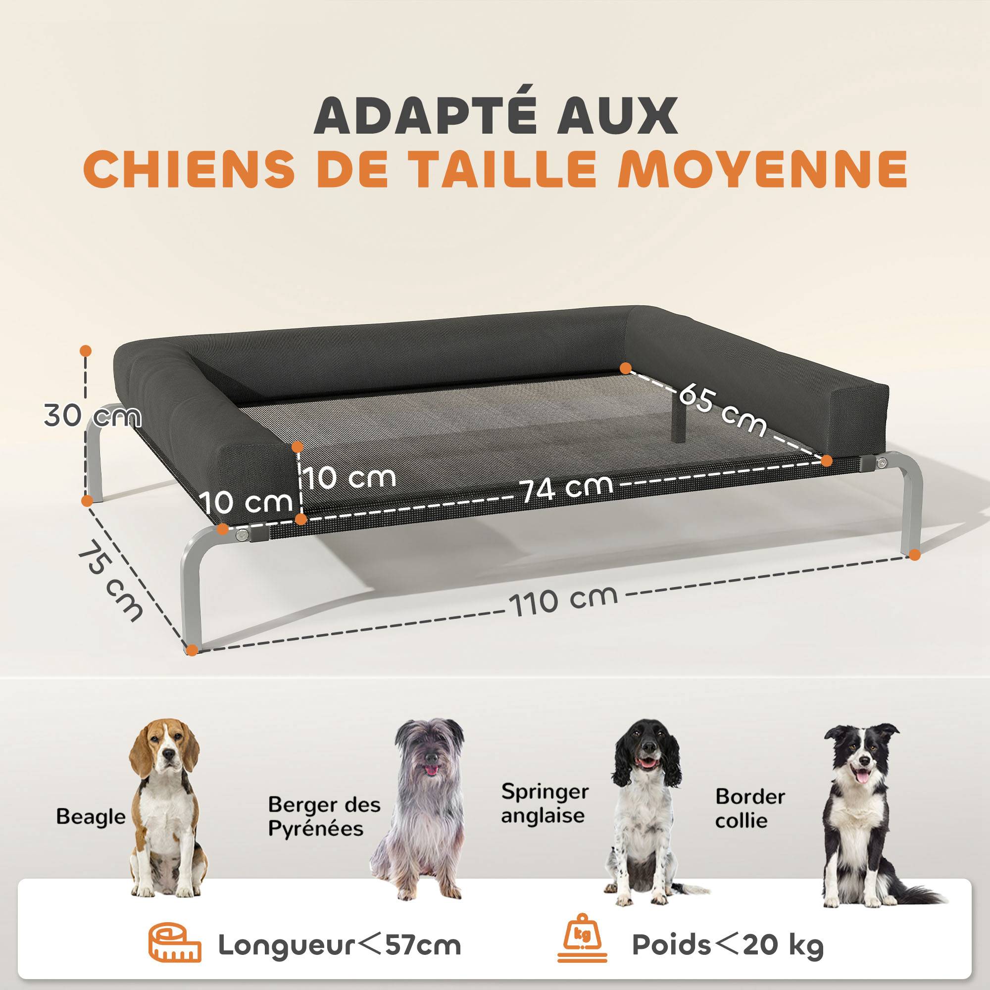 Lit surélevé chien toile Oxford intérieur extérieur rafraîchissant 110x75x30cm noir - ComfortXL Outdoor Living - Image 5