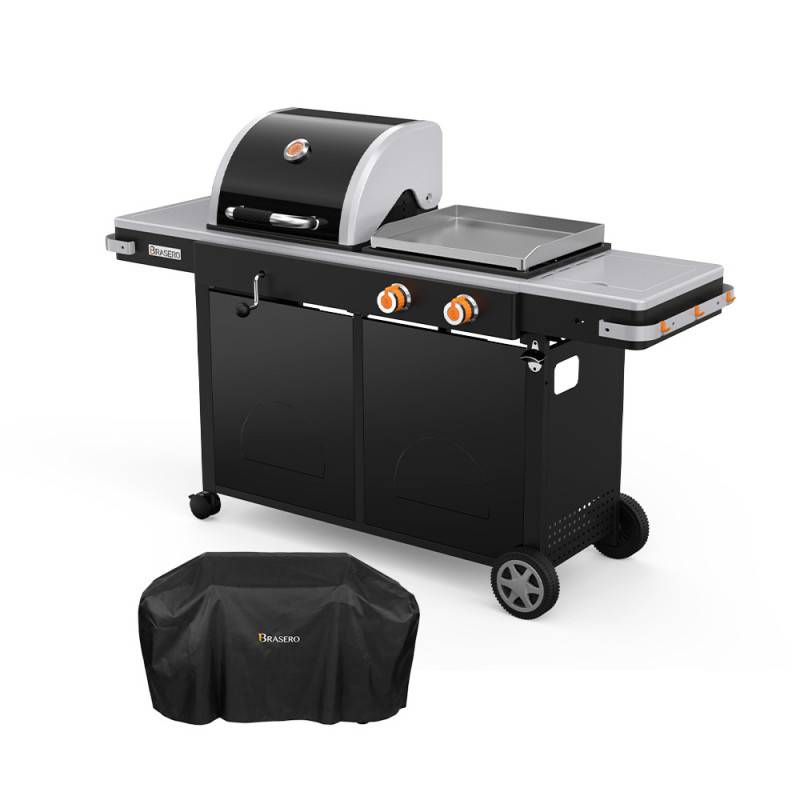 Brasero - Plancha gaz et barbecue charbon Bi‑Energy L – BRASERO BY FAVEX – 2 x 3,6 kW – Plaque inox – 10 à 12 convives - Housse incluse