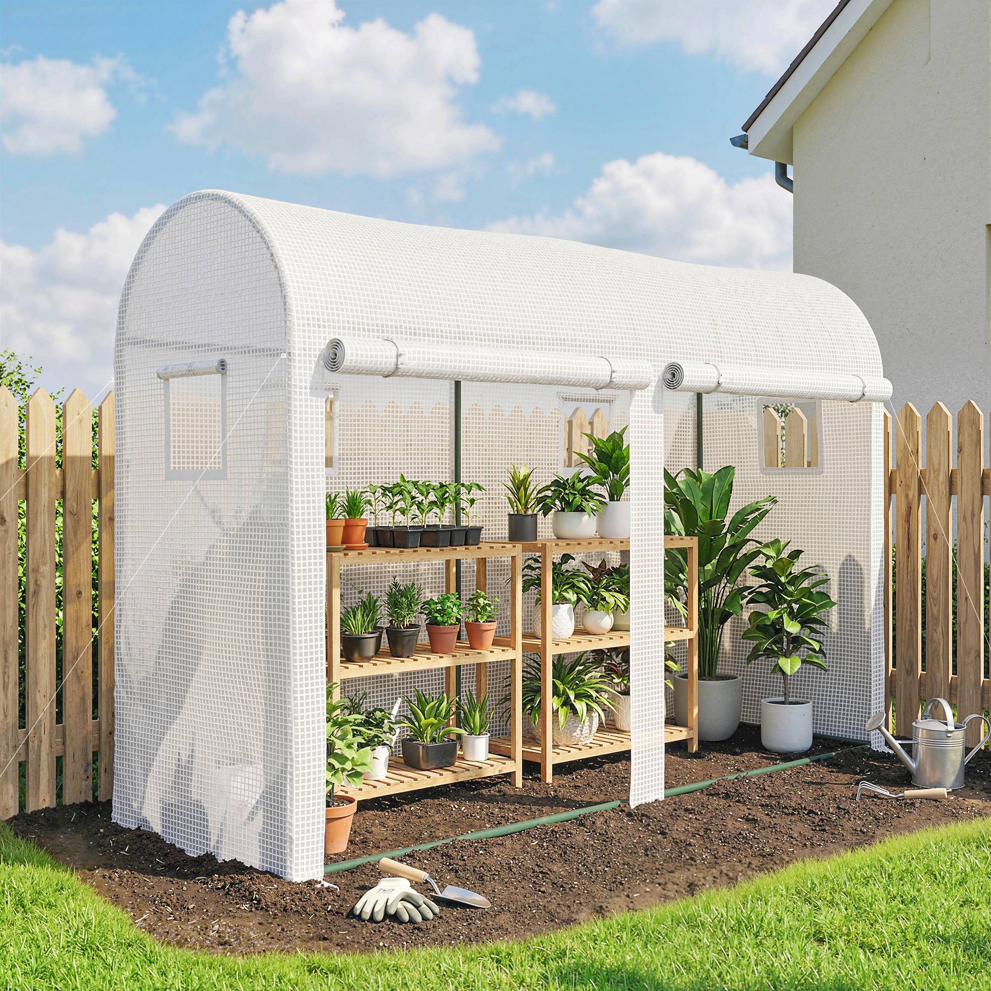 Serre Tunnel Balcon PE Cultures 2 Portes 4 Fenêtres Roulantes 300x100x200cm Blanc - ComfortXL Outdoor Living - Image 4