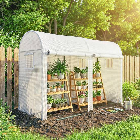 Serre Tunnel Balcon PE Cultures 2 Portes 4 Fenêtres Roulantes 300x100x200cm Blanc - ComfortXL Outdoor Living - Image 9