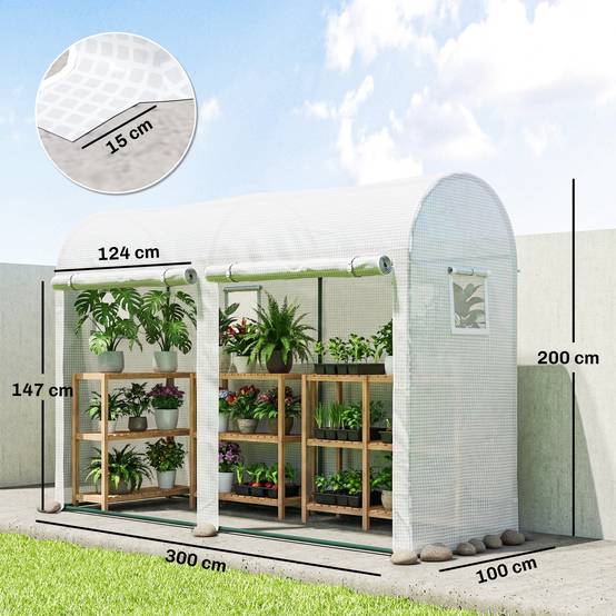 Serre Tunnel Balcon PE Cultures 2 Portes 4 Fenêtres Roulantes 300x100x200cm Blanc - ComfortXL Outdoor Living - Image 5