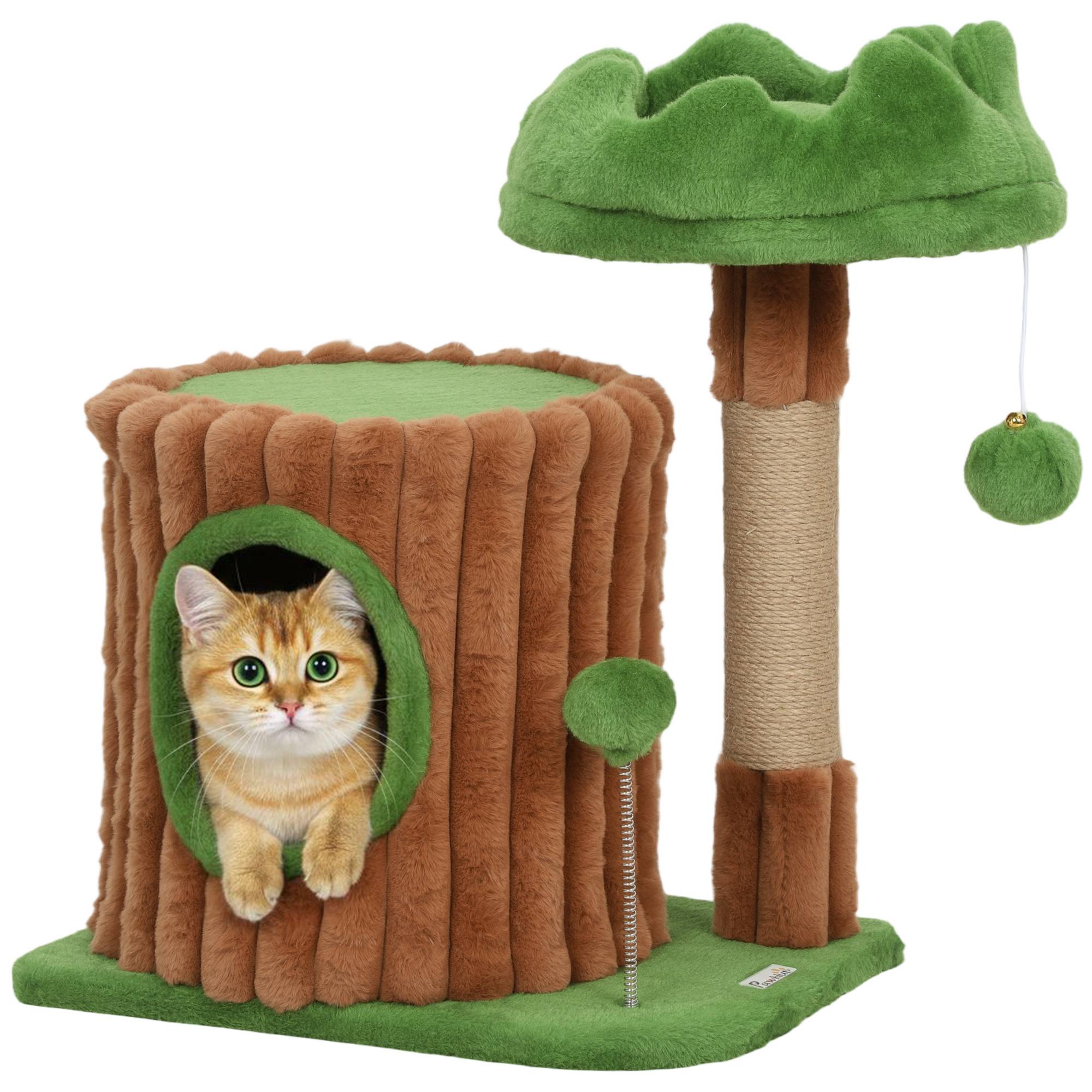 Petit Arbre à Chat Design Tronc d'Arbre avec Niche Lit et Griffoir Jute 53 cm Marron Vert - ComfortXL Outdoor Living - Image 1