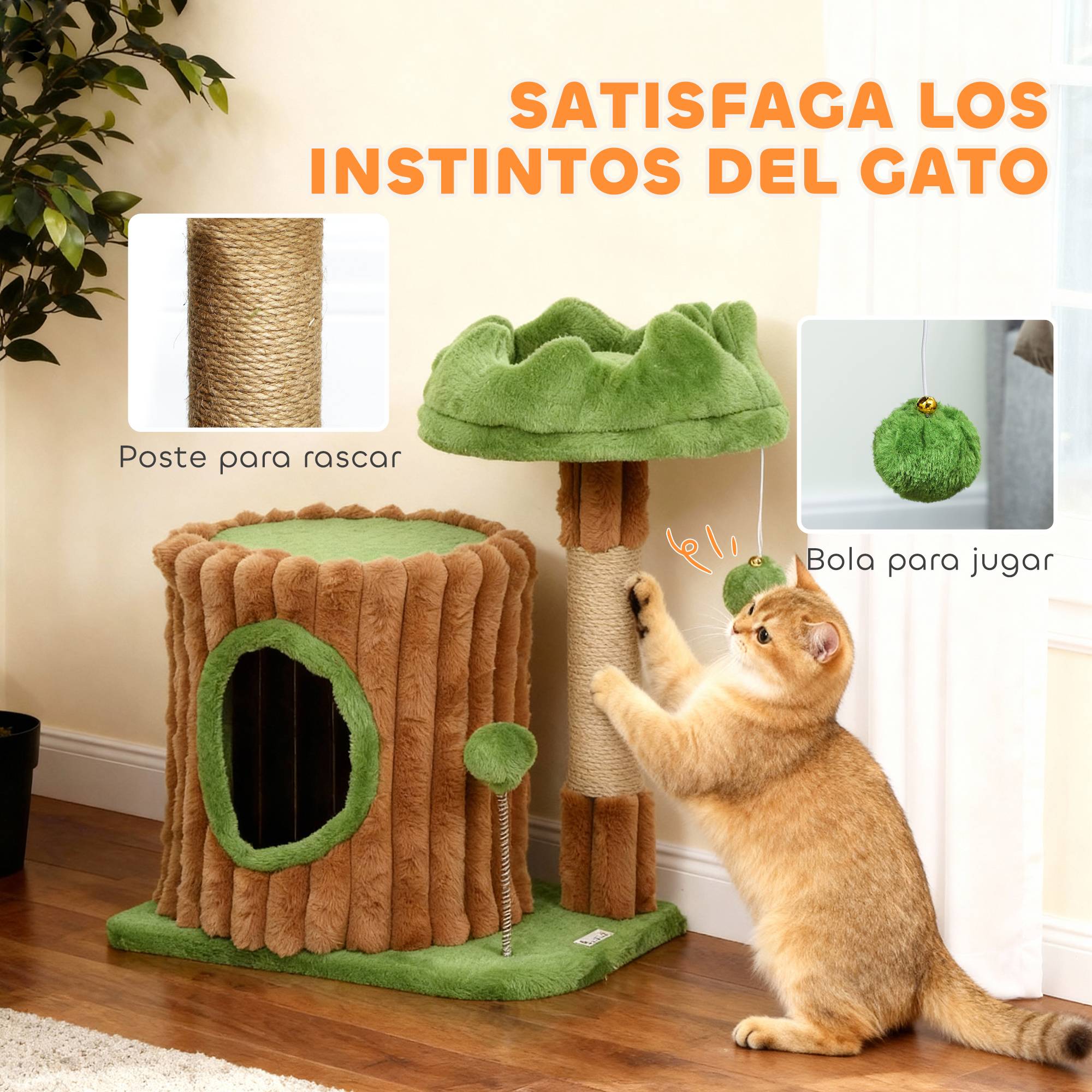 Petit Arbre à Chat Design Tronc d'Arbre avec Niche Lit et Griffoir Jute 53 cm Marron Vert - ComfortXL Outdoor Living - Image 7