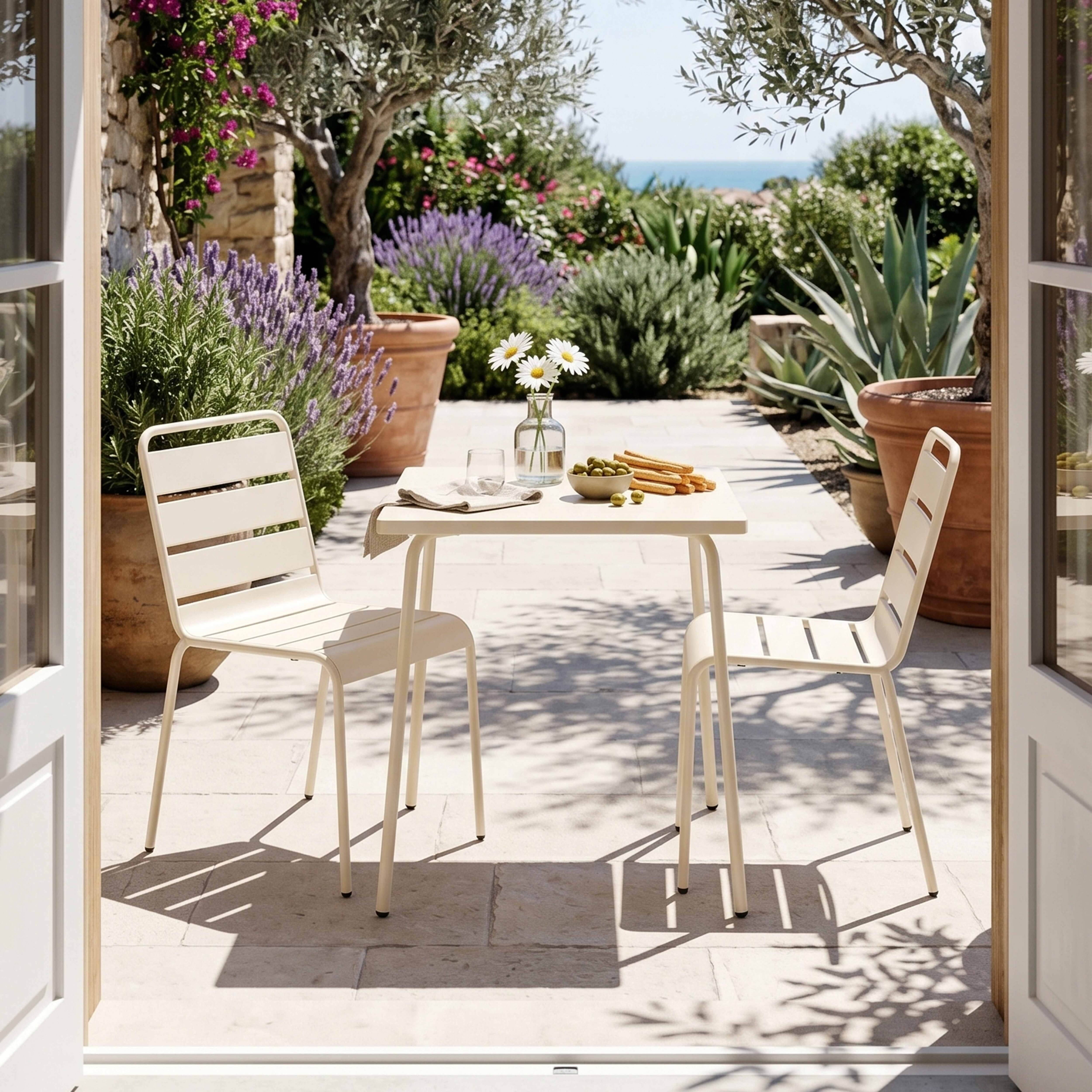 Oviala - Ensemble table de jardin carrée et 2 chaises acier ivoire Palavas - Oviala - Imagen 2