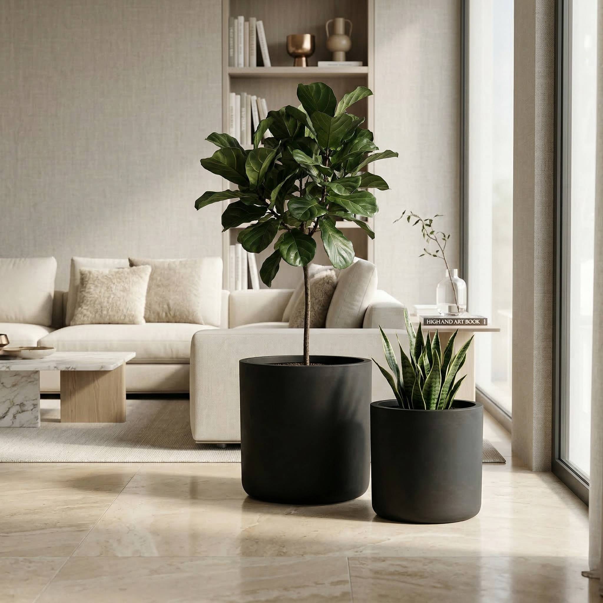 Lot de 2 Pots de Fleurs Ronds Magnésie Intérieur Extérieur avec Drainage Noir - ComfortXL Outdoor Living - Image 2