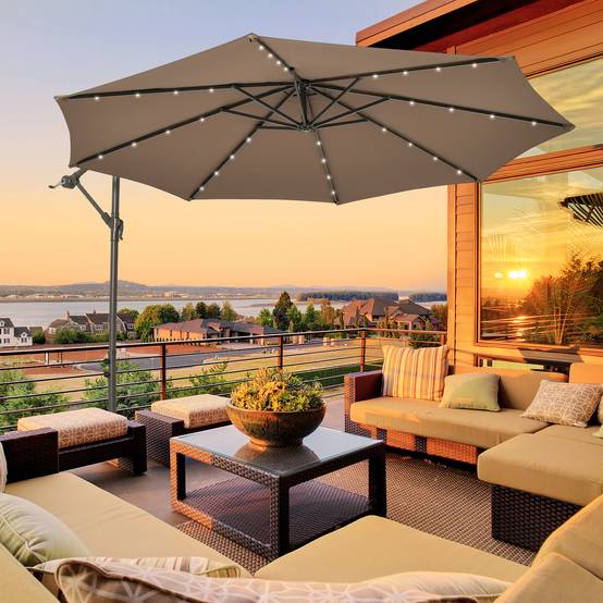 Costway - Parasol Déporté Inclinable 3x3M, Parasol de Jardin Extérieur Lumineux Solaire avec 2 Sacs de Sable, Protection UV, (Marron, Octogonal) - Image 7