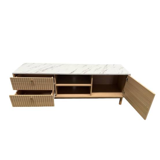 Meuble TV aspect bois rainuré et marbre avec tiroirs et placard 150cm TRIX - Image 5