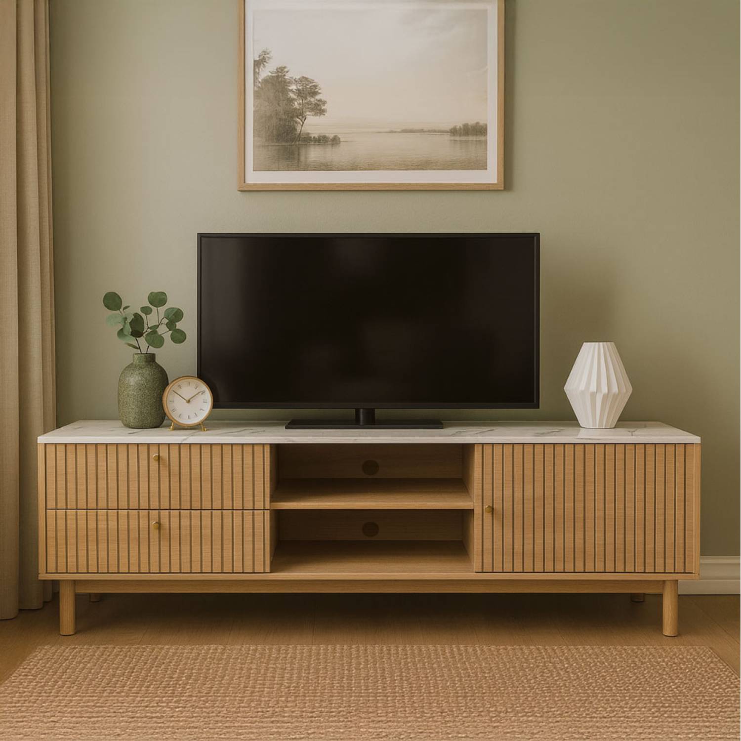Meuble TV aspect bois rainuré et marbre avec tiroirs et placard 150cm TRIX - Image 2