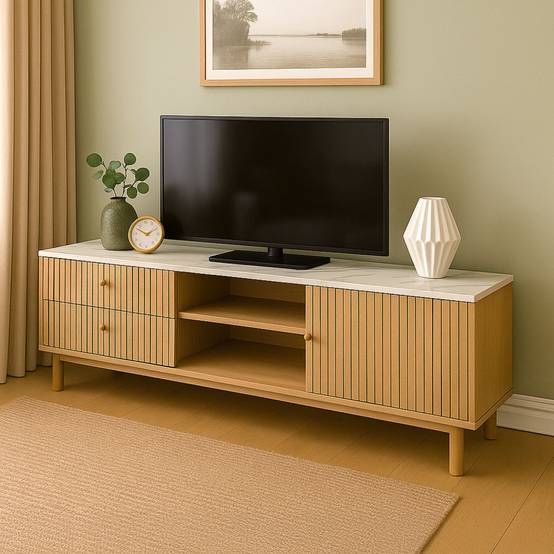 Meuble TV aspect bois rainuré et marbre avec tiroirs et placard 150cm TRIX - Image 3