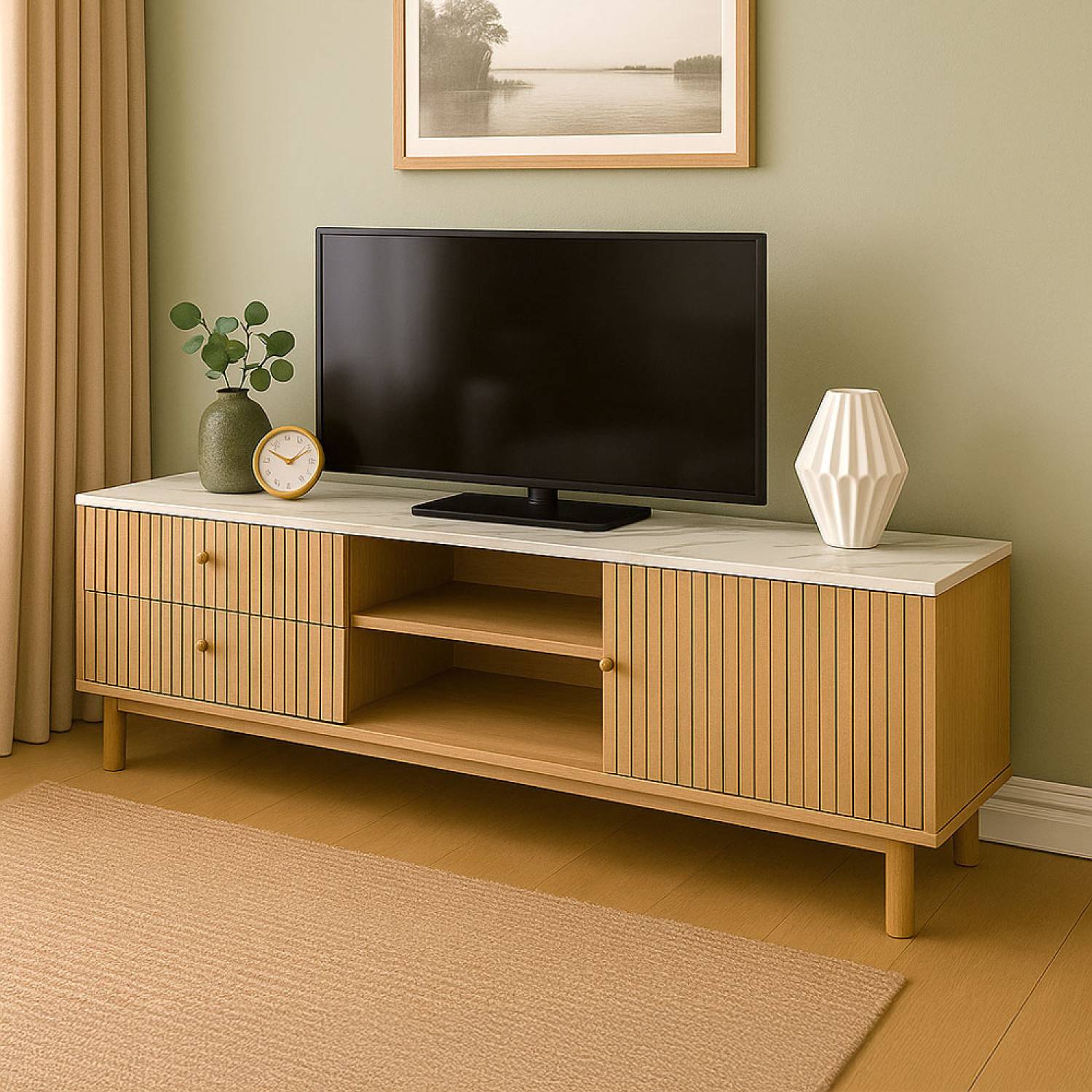 Meuble TV aspect bois rainuré et marbre avec tiroirs et placard 150cm TRIX - Image 3
