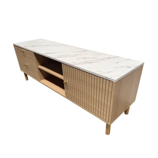 Meuble TV aspect bois rainuré et marbre avec tiroirs et placard 150cm TRIX - Image 4