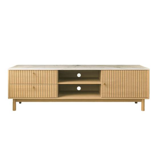 Meuble TV aspect bois rainuré et marbre avec tiroirs et placard 150cm TRIX - Image 1