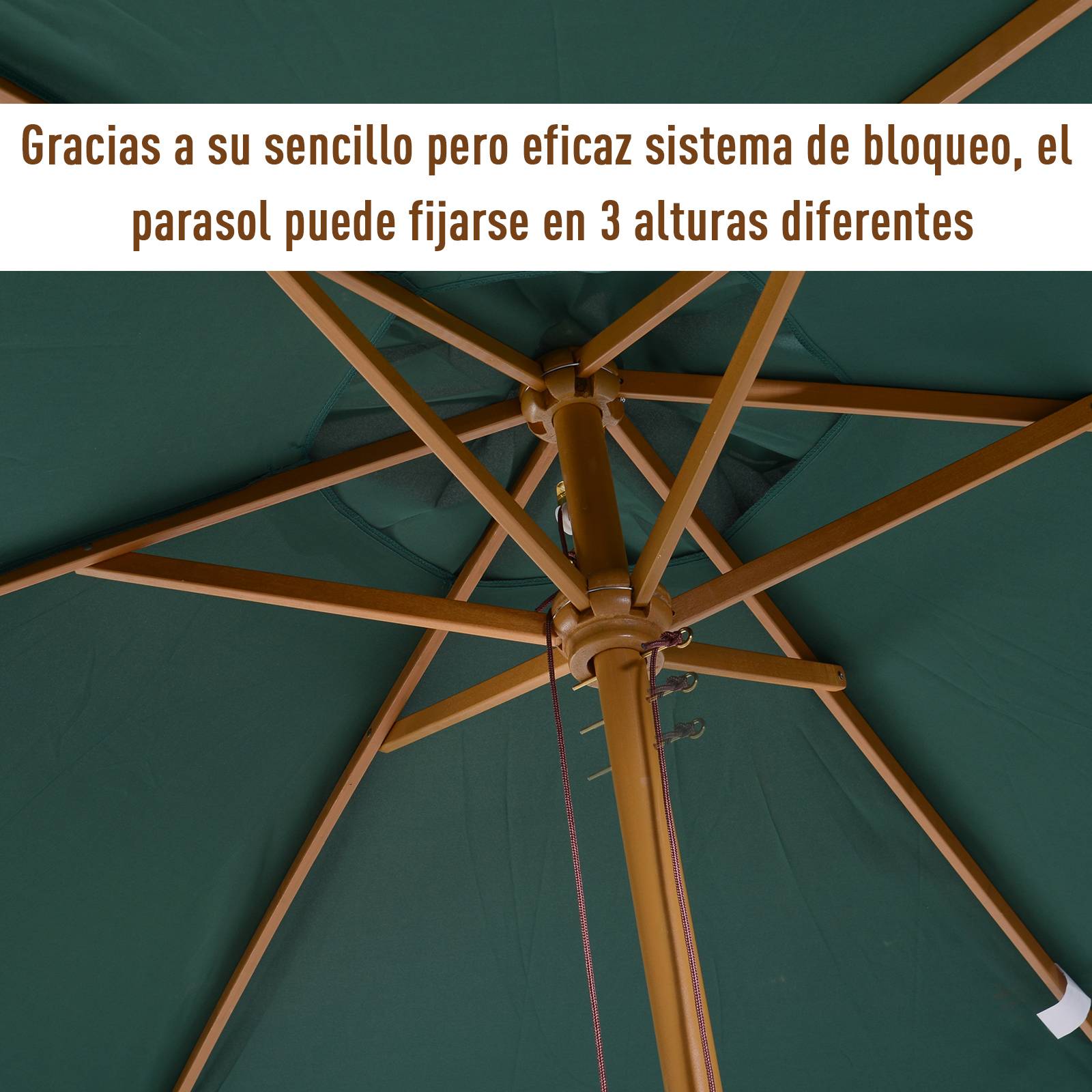 Parasol en bois Ø250x230cm pour usage extérieur, avec 6 baleines et système de poulie, vert - Image 8