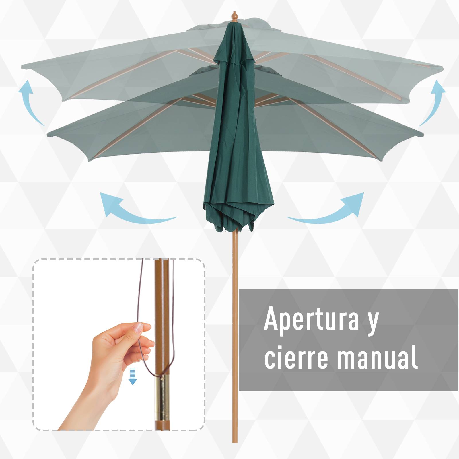 Parasol en bois Ø250x230cm pour usage extérieur, avec 6 baleines et système de poulie, vert - Image 7