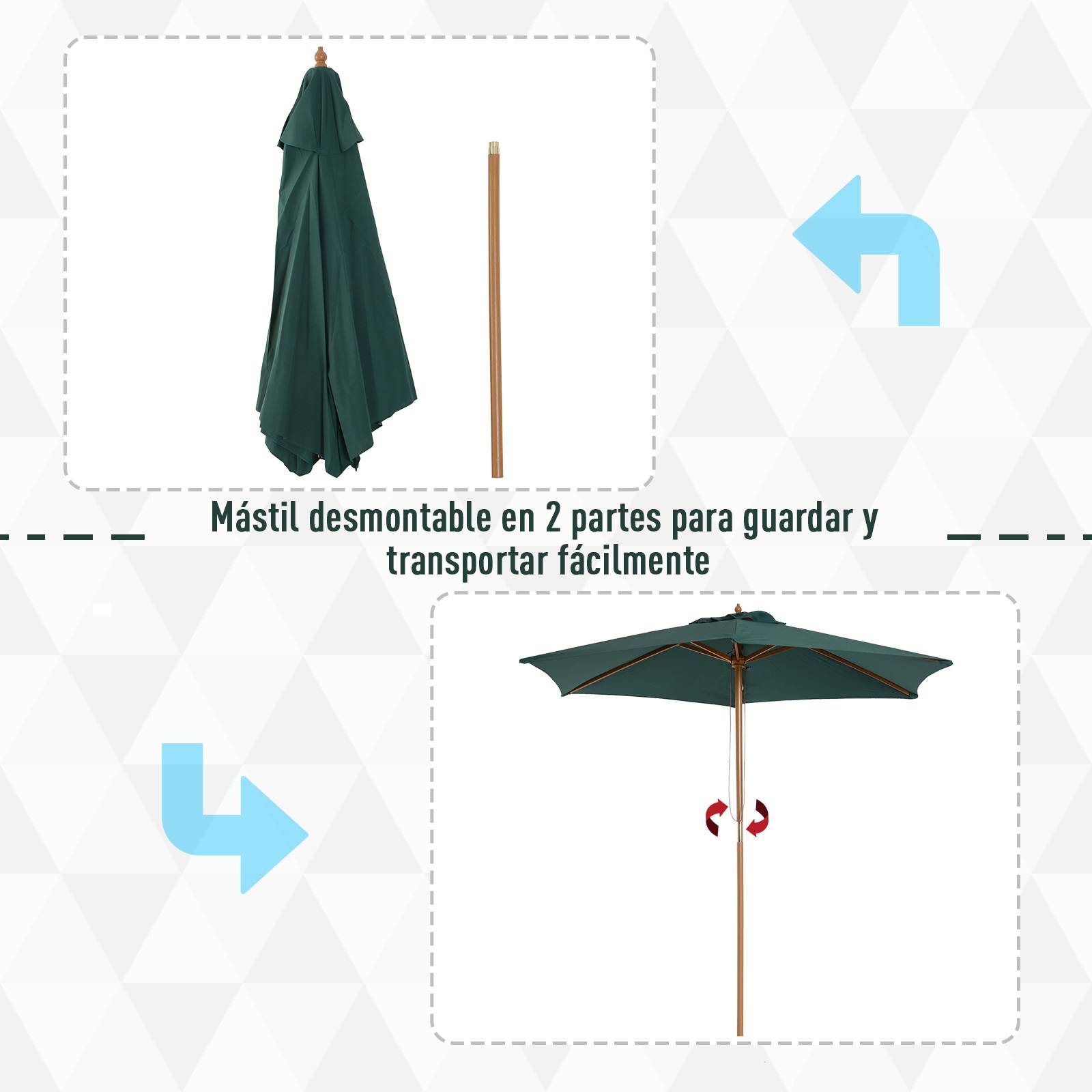 Parasol en bois Ø250x230cm pour usage extérieur, avec 6 baleines et système de poulie, vert - Image 9